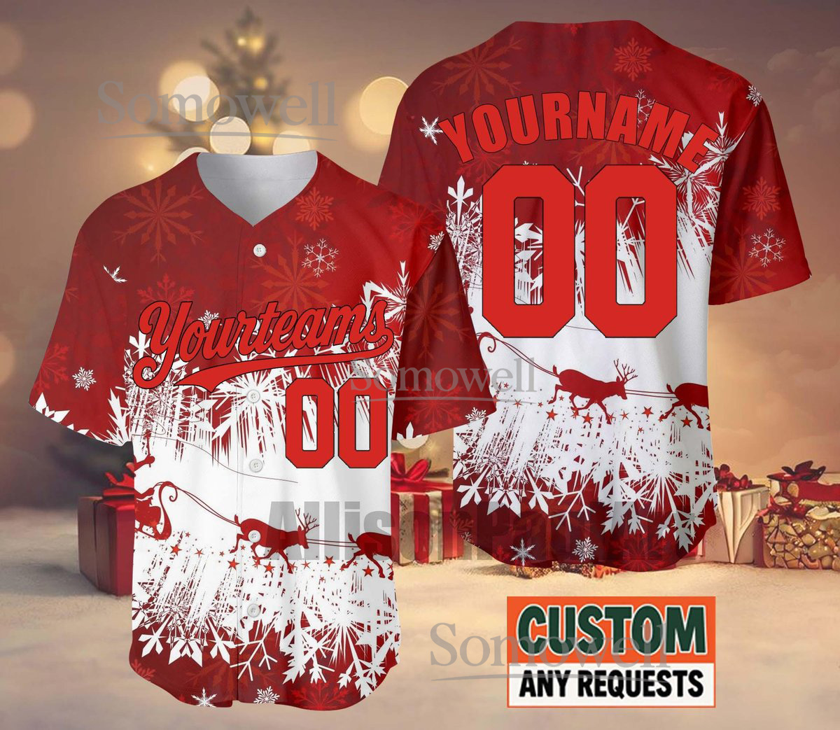 Custom Christmas Baseball Jersey Red White Reindeer Sleigh Edition Available in Multiple Colors