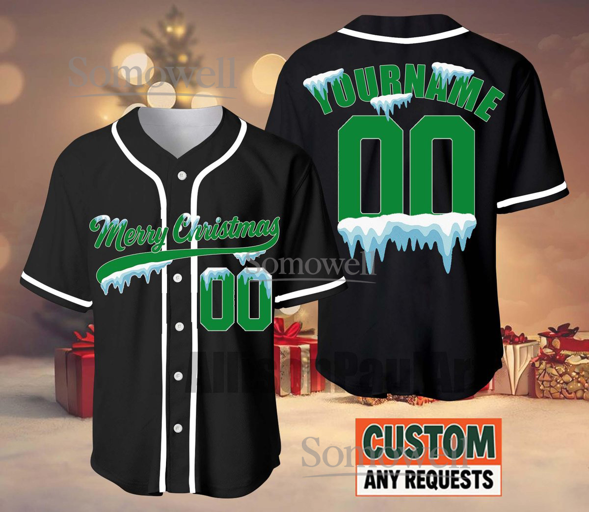 Custom Merry Christmas Baseball Jersey Black Green Ice Edition Available in Multiple Colors