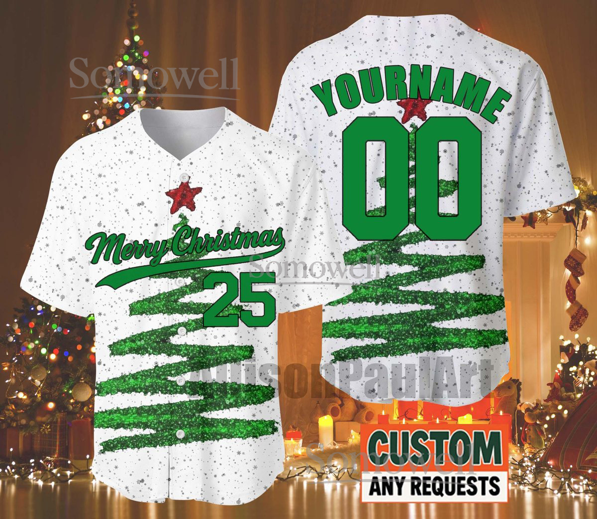 Custom Merry Christmas Baseball Jersey White Green Tree Edition Available in Multiple Colors