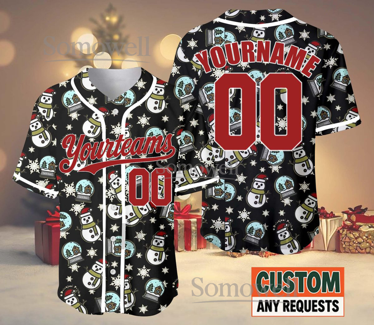 Custom Christmas Baseball Jersey Snow Globe Snowman Edition Available in Multiple Colors