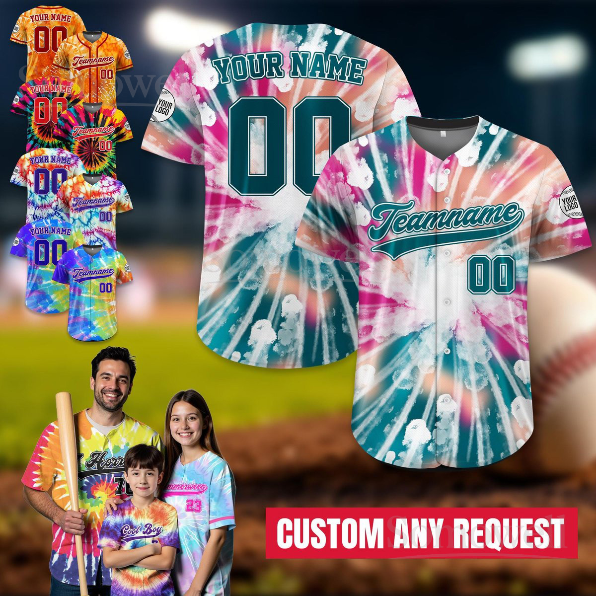 Personalized Rainbow Baseball Jersey Tie Dye Colorful Gift Edition Custom Team Name and Number