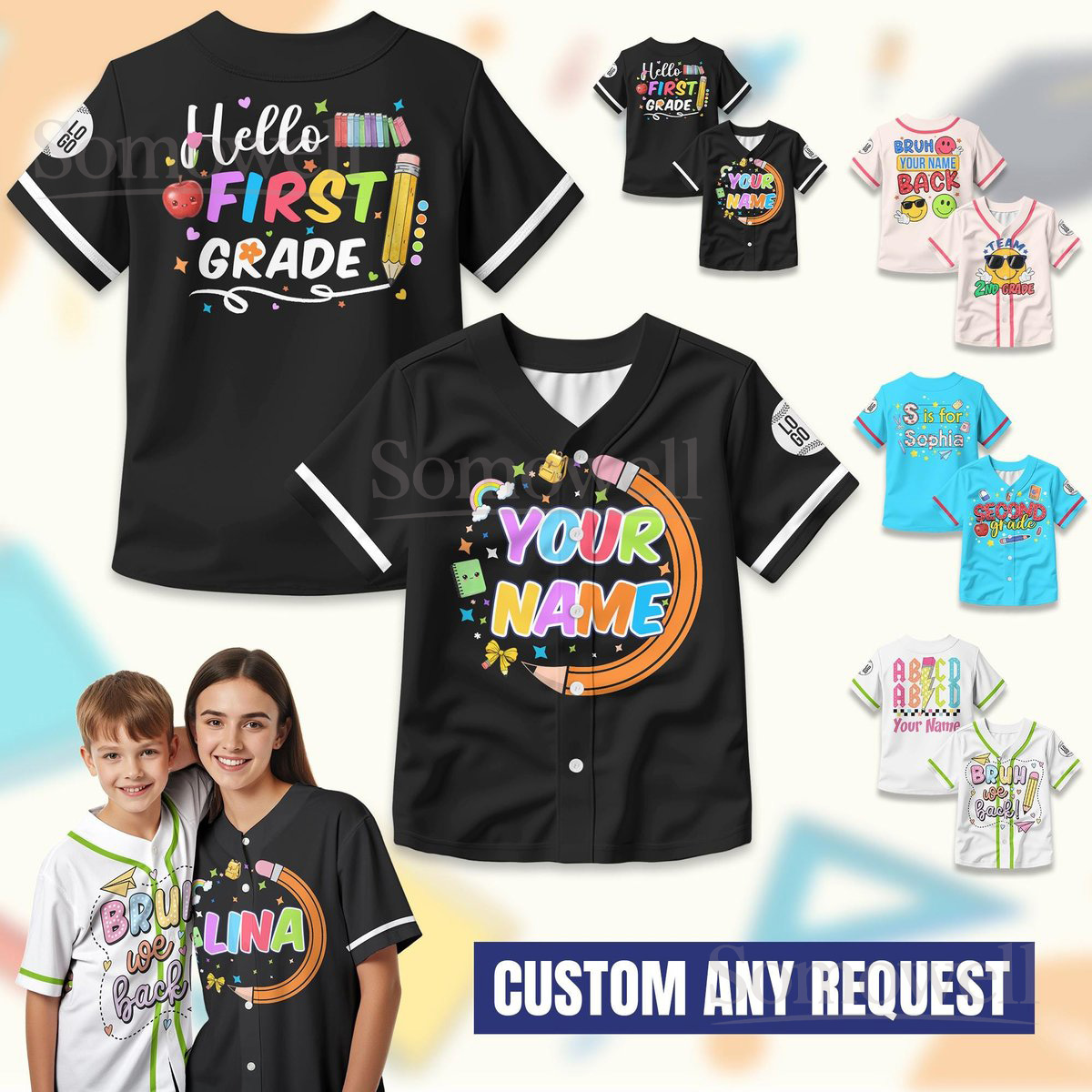 Personalized Cute Back To School Baseball Jersey for Kids Custom Student Name Shirt Multi Color Edition