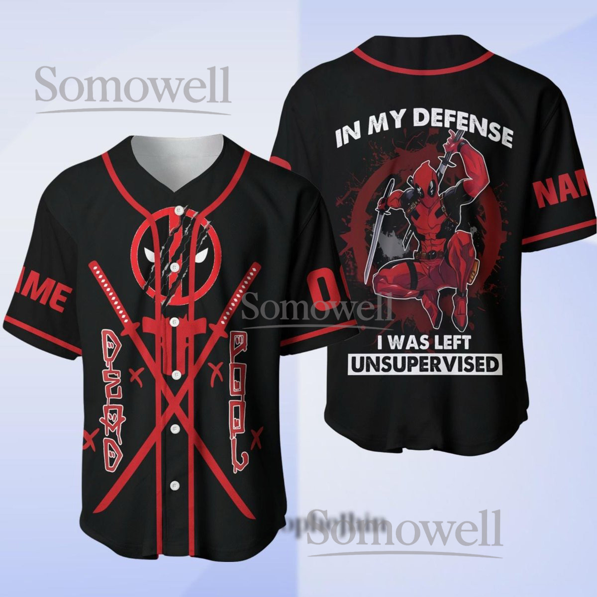 Personalized Deadpool Baseball Jersey with Swords and Quote