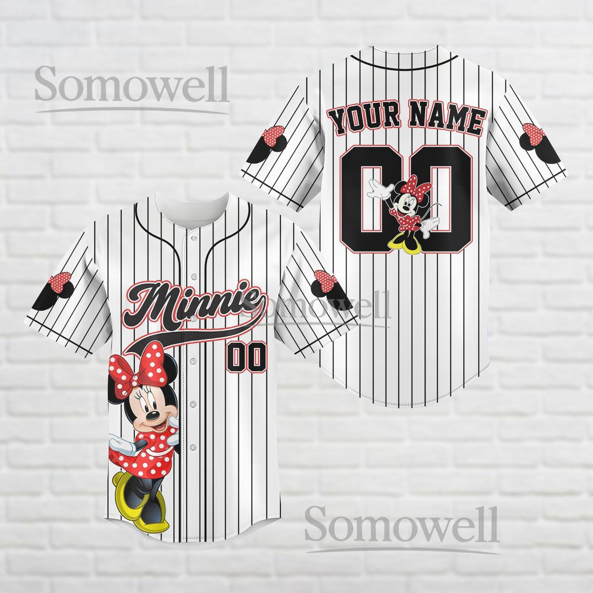 Personalized Disney Minnie Mouse Baseball Jersey Shirt Striped Design Custom Name Gift