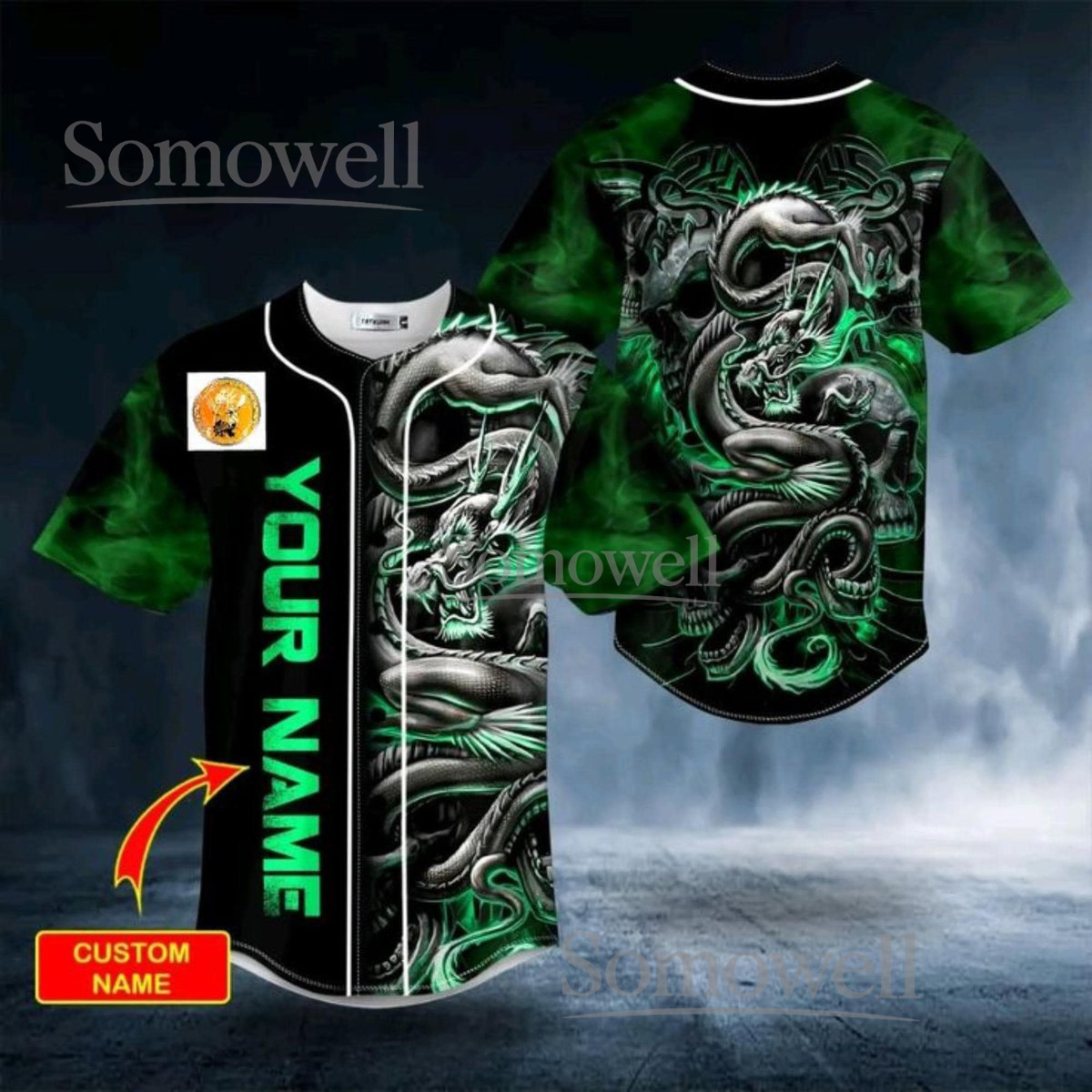 Personalized Dragon Baseball Jersey Green Smoke Fantasy Streetwear Design with Custom Team Name and Number