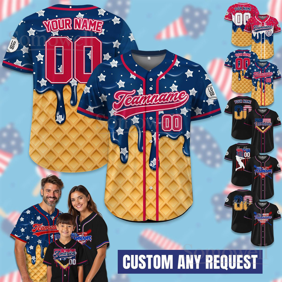 Personalized Dripping Ice Cream 4th of July USA Flag Baseball Jersey for Adults Kids Multi Color Edition