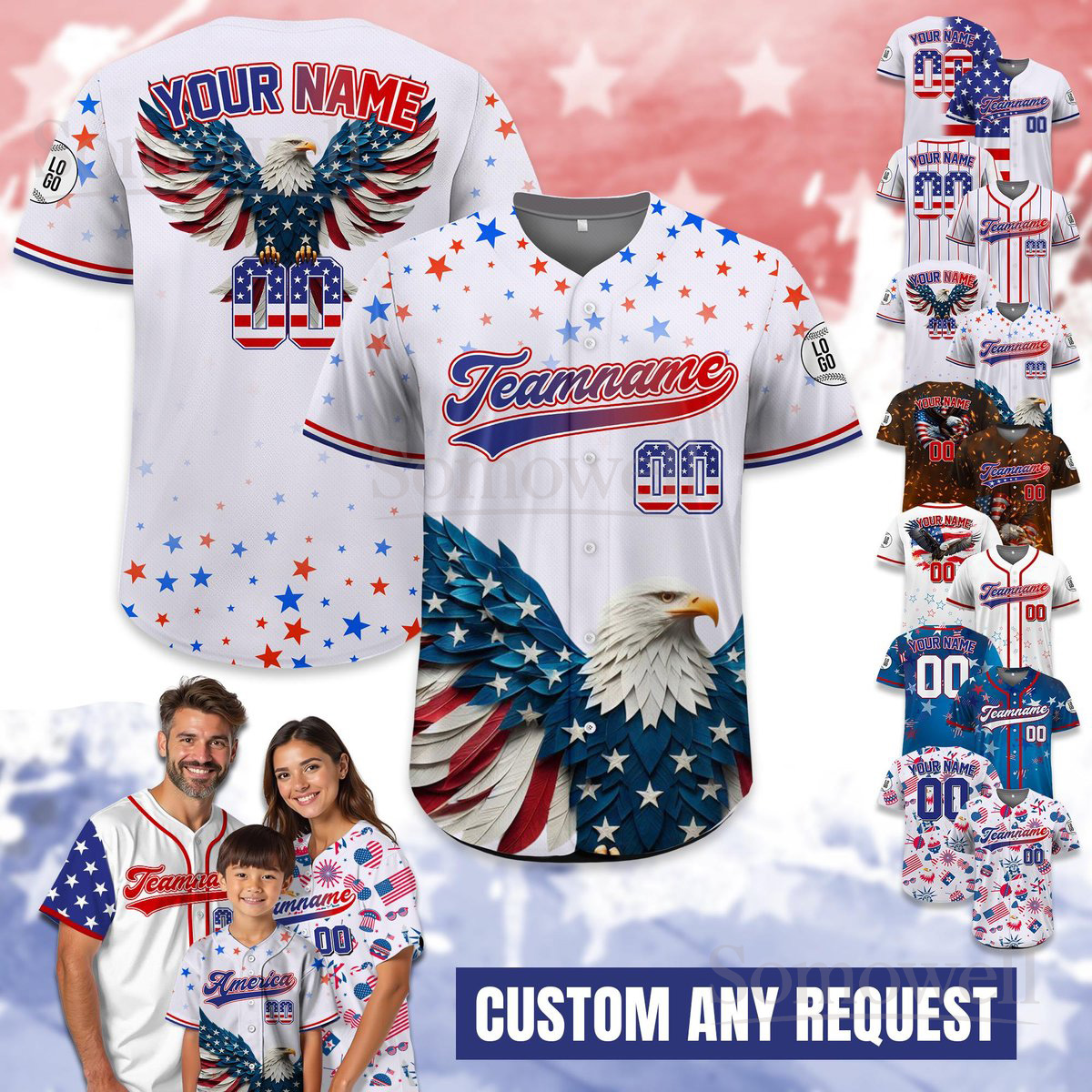 Personalized Eagle American Baseball Jersey Custom Name Number 4th of July Family Outfit Multi Color Edition