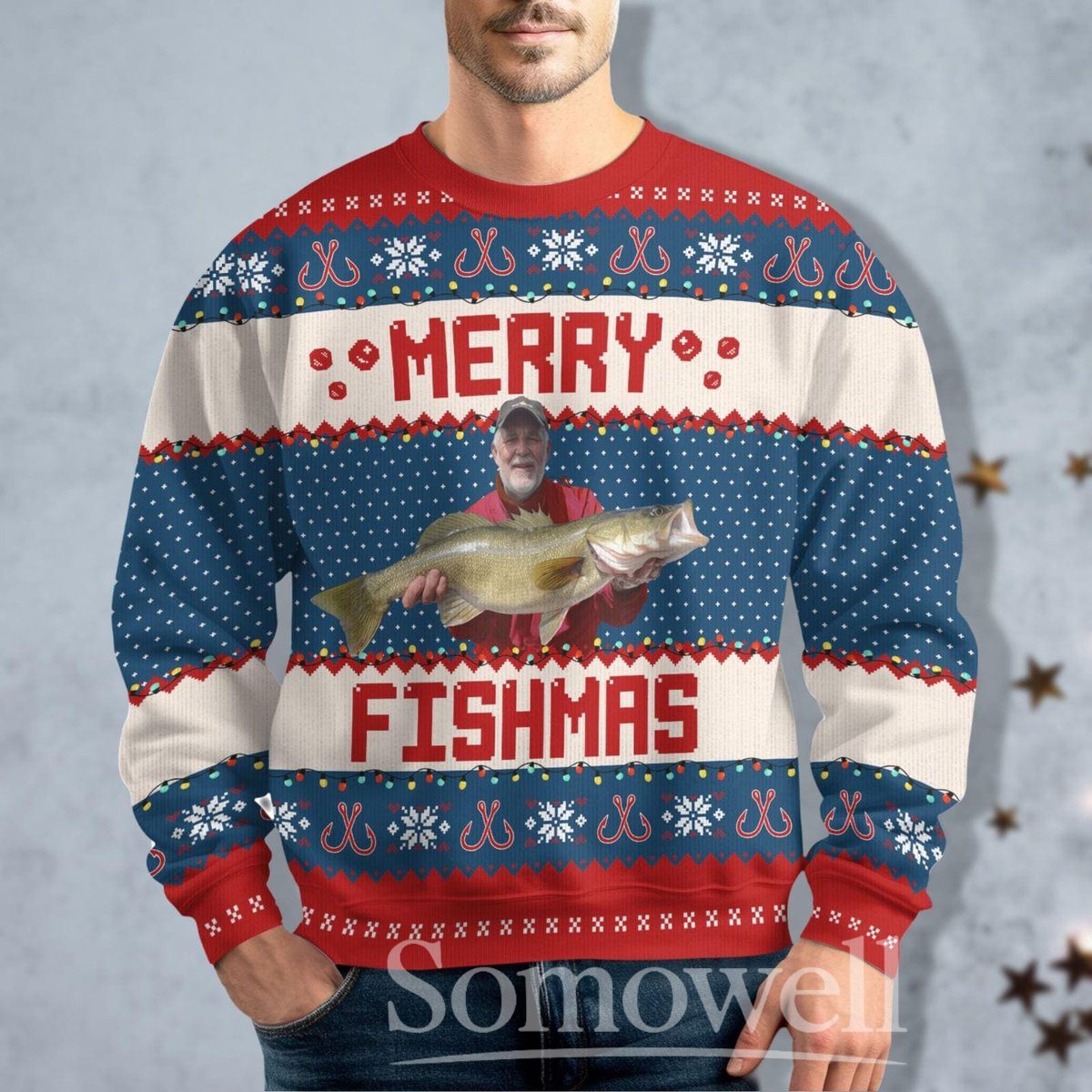 Fishing Ugly Christmas Sweater Merry Fishmas Funny Fisherman Holiday Knit Pullover Gift