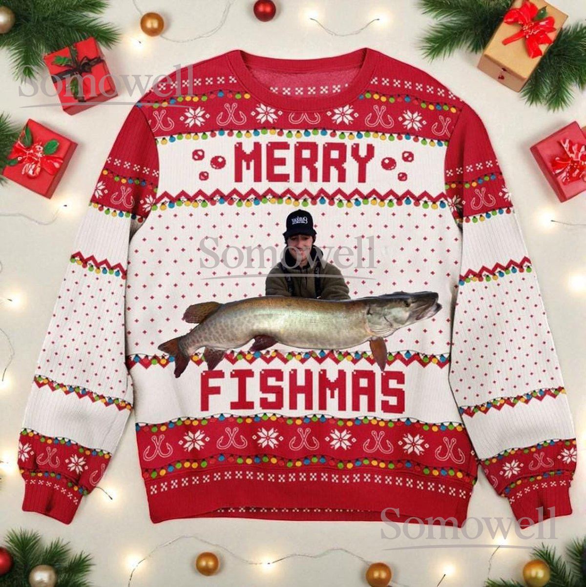 Merry Fishmas Christmas White Ugly Sweater Fishing Theme Holiday Knit Jumper