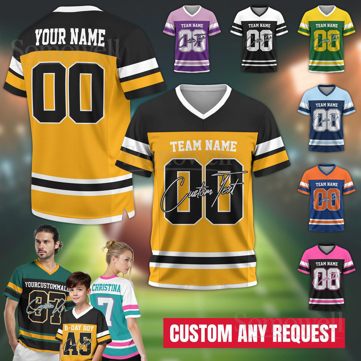 Personalized Football Jersey Shirt with Custom Team Name and Number Matching Family Game Day Outfit Multi Color Edition