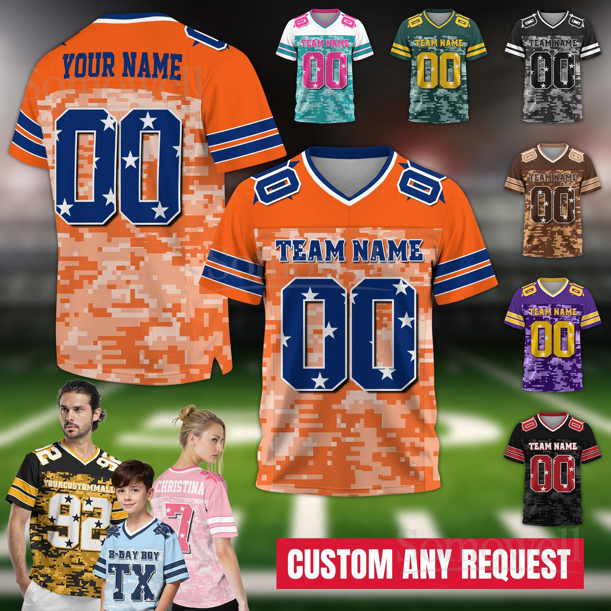 Custom Digital Camo Football Jersey with Team Name and Number Available in Multiple Colors