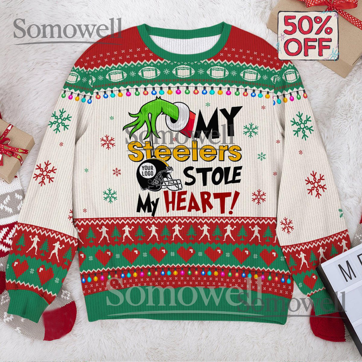 Personalized Football Logo Ugly Christmas Sweater - Grinch Hand Pullover