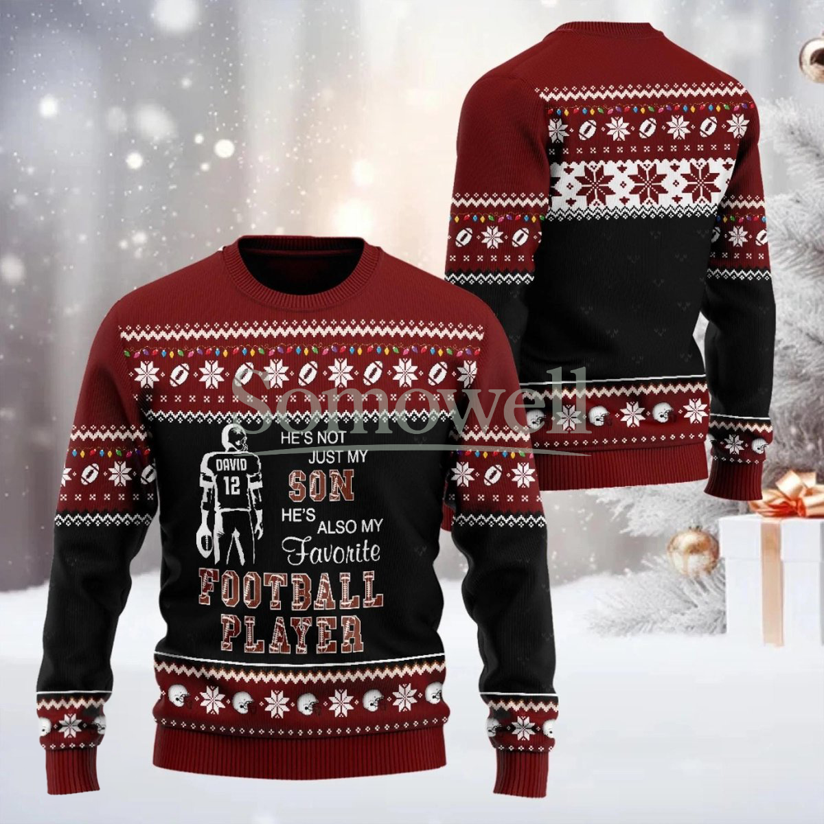 Football Player Red Ugly Christmas Sweater Personalized Custom Name Number Holiday Knit Jumper