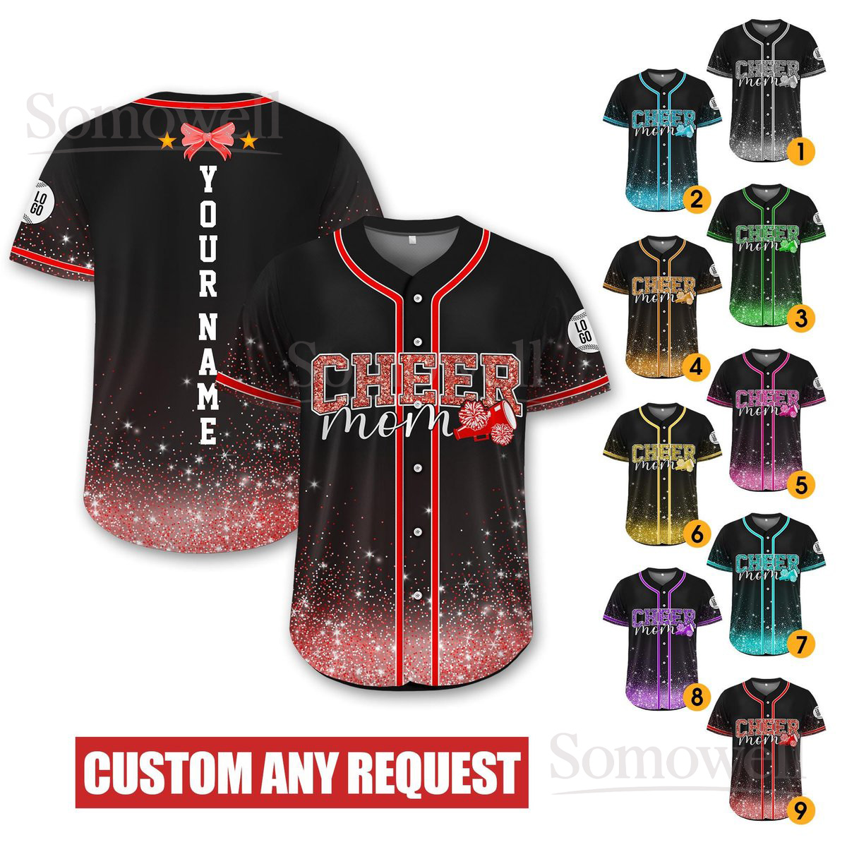 Personalized Cheer Mom Baseball Jersey Sparkle Glitter Design Custom Name and Team Colors Edition