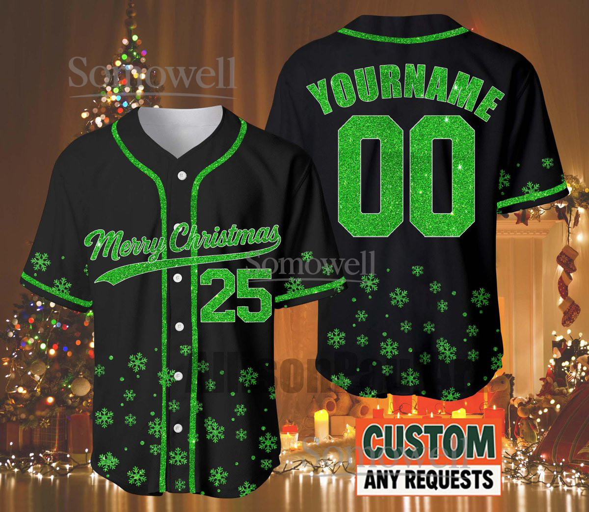 Custom Glitter Christmas Baseball Jersey Black Green Snowflake Edition Available in Multiple Colors