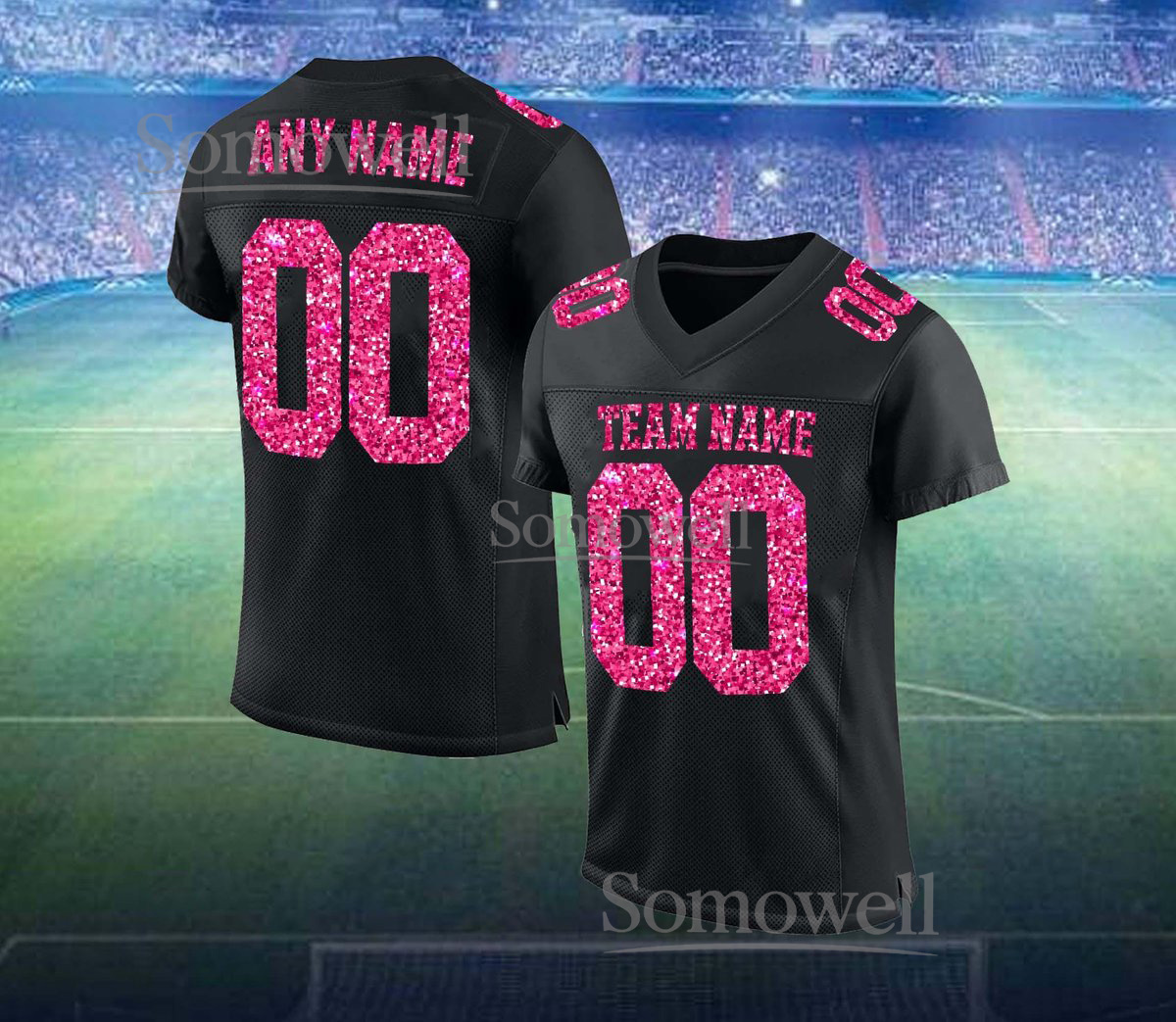 Personalized Glitter Football Jersey Black Pink Sparkle Custom Team Name and Number Edition for Fans