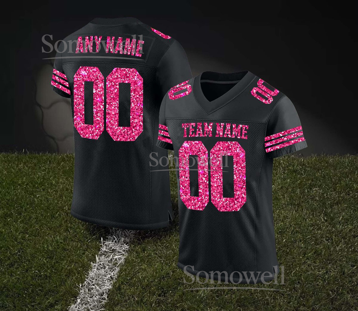 Personalized Glitter Football Jersey Black Pink Sparkle Edition Custom Team Name and Number Design