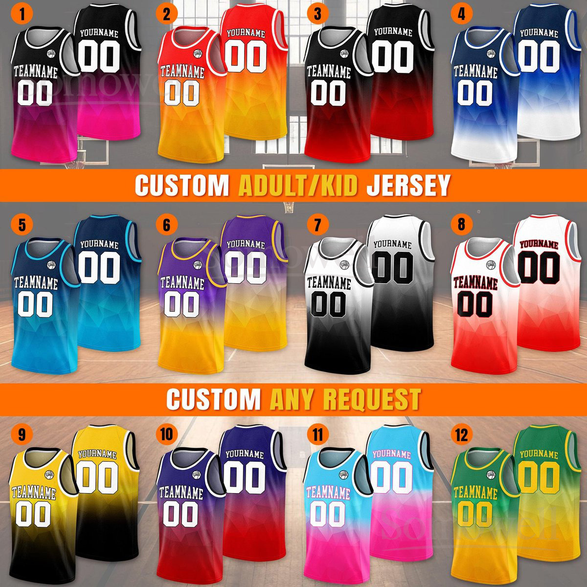 Personalized Gradient Basketball Jersey Team Name Number Logo For Adult Kid Youth in Multiple Colors