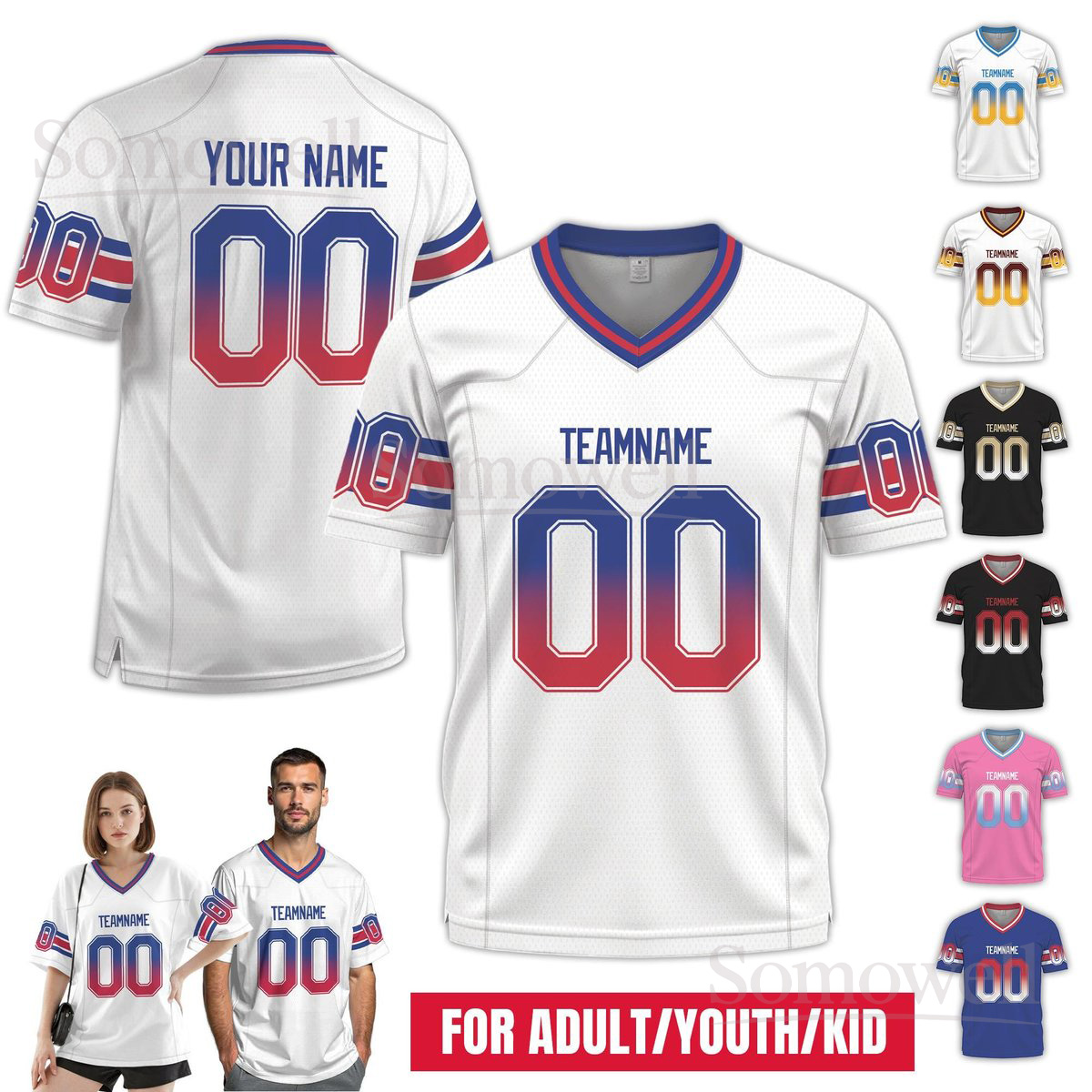Personalized Gradient Football Jersey with Player Name Number Custom Team Shirt for Men Women Youth Multi Color Edition