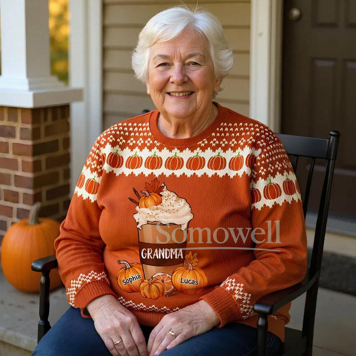 Grandma Pumpkin Spice Latte Orange Ugly Christmas Sweater Personalized Fall Holiday Knit Jumper
