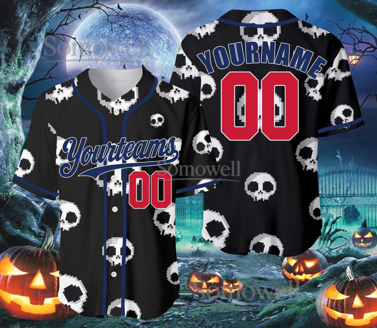 Halloween Skull Pixel Art Baseball Jersey Black Spooky Custom Team Name Number Button Shirt