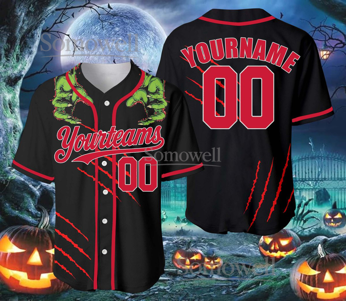 Personalized Halloween Horror Baseball Jersey with Team Name and Numbe Available in Multiple Colors