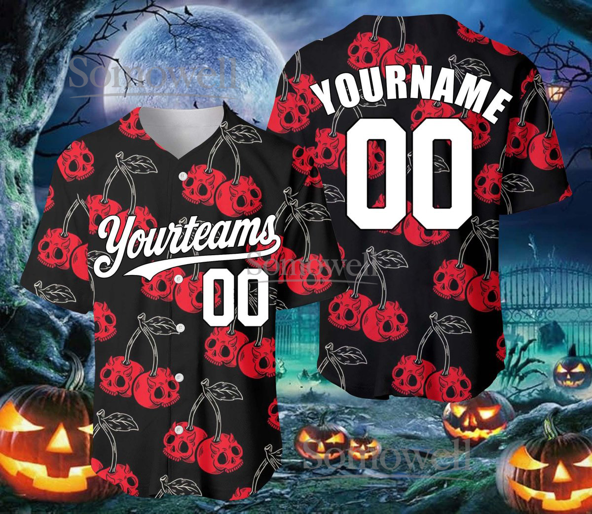 Personalized Halloween Baseball Jersey, Custom Team Name & Number, Skull Cherry Design, Unique Horror Sports Shirt