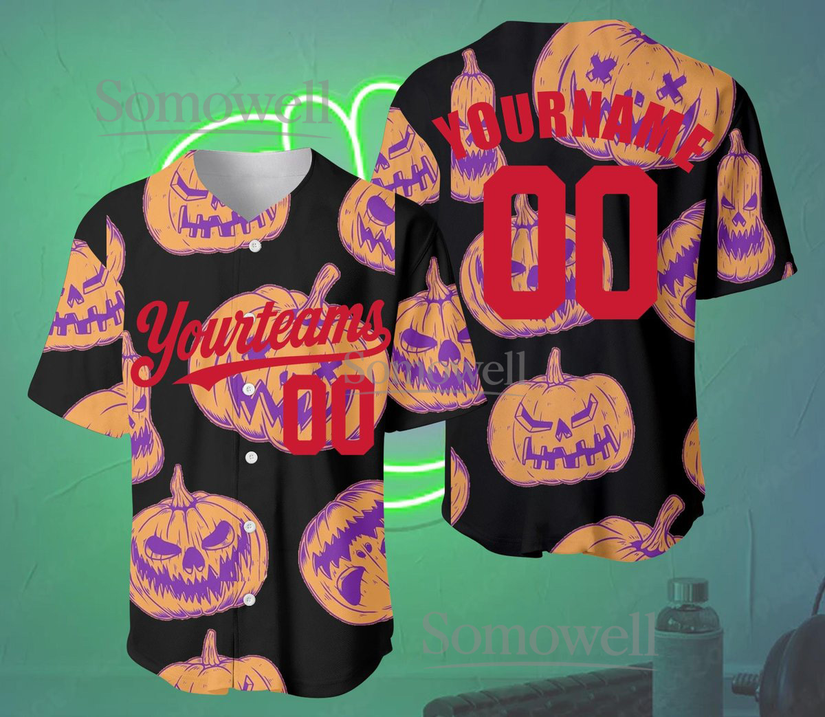 Halloween Horror Baseball Jersey Black Pumpkin Print Custom Team Name Number Shirt