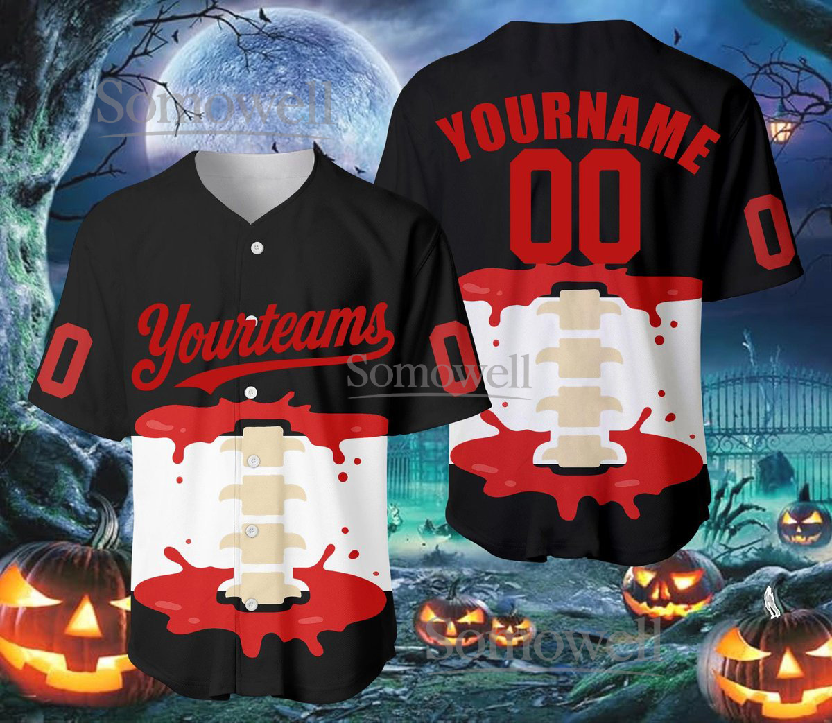 Halloween Bloody Spine Baseball Jersey Black Red White Custom Team Name Number Shirt
