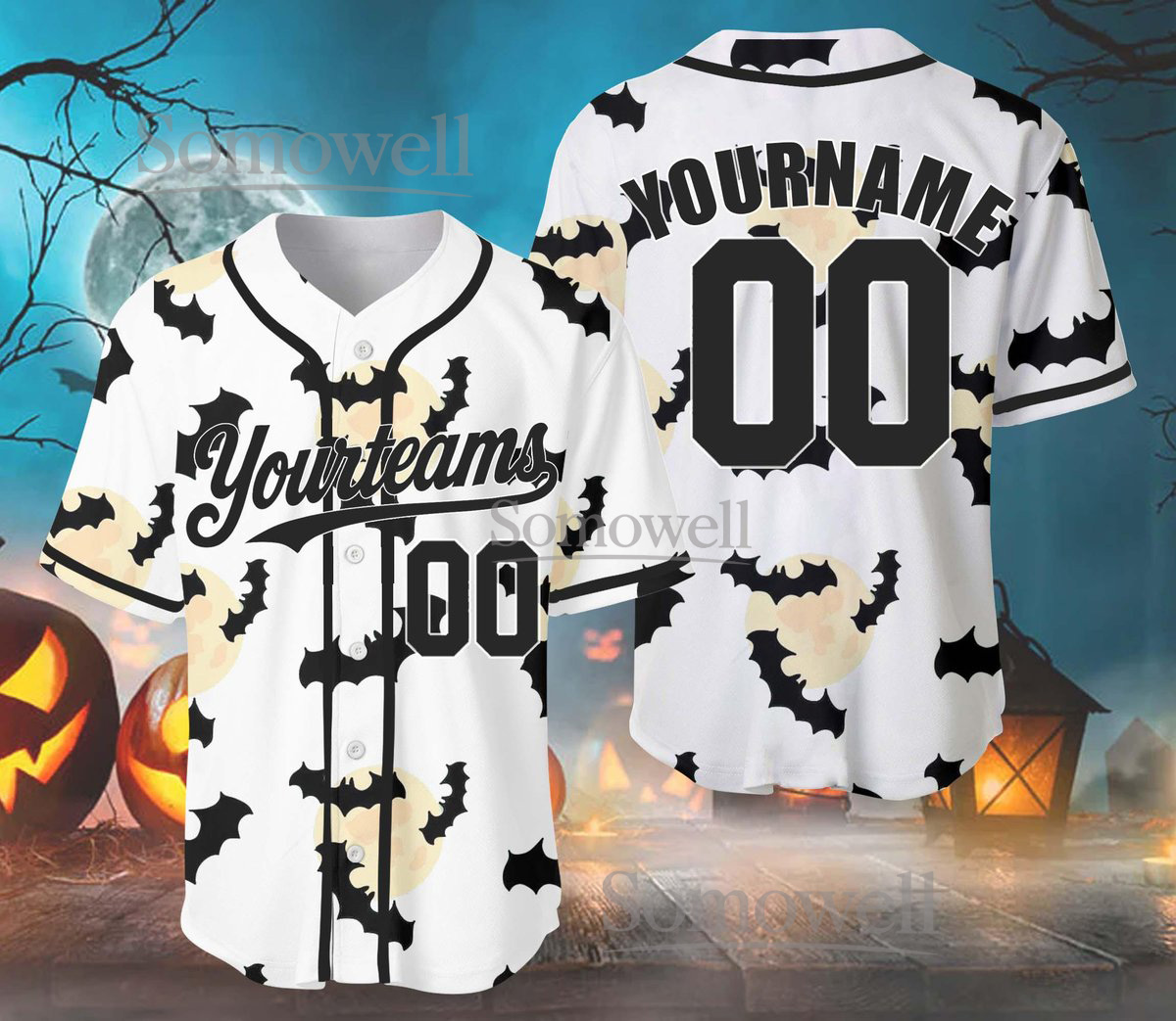 Custom Halloween Bat Baseball Jersey Team Name Number Spooky Edition Available in Multiple Colors