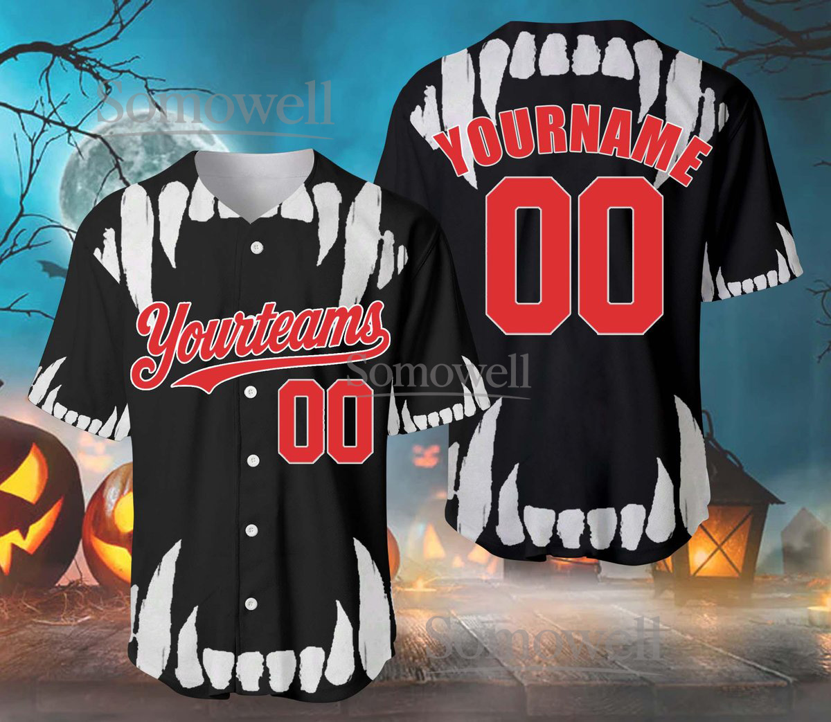 Custom Halloween Teeth Baseball Jersey Team Name Number Scary Edition Available in Multiple Colors