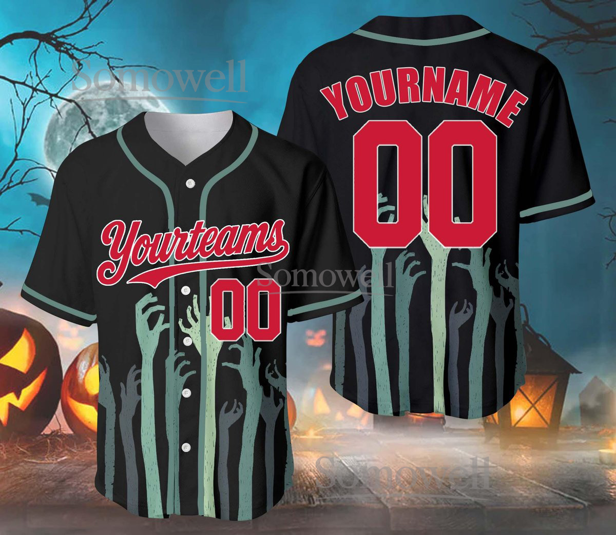 Custom Halloween Zombie Hands Baseball Jersey Team Name Number Scary Edition Available in Multiple Colors