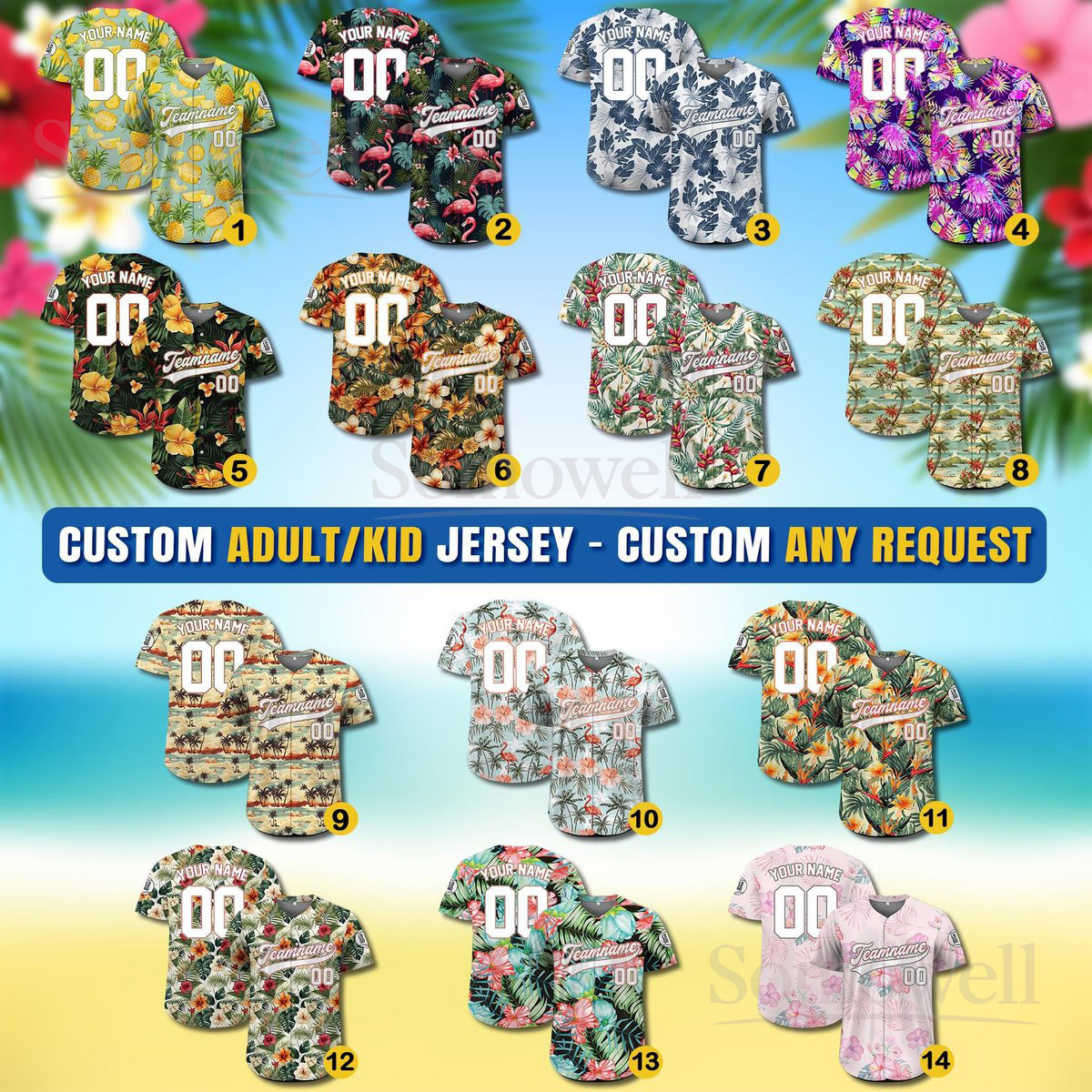 Personalized Hawaiian Baseball Jersey Tropical Floral Flamingo Pattern Custom Team Name Number and Logo