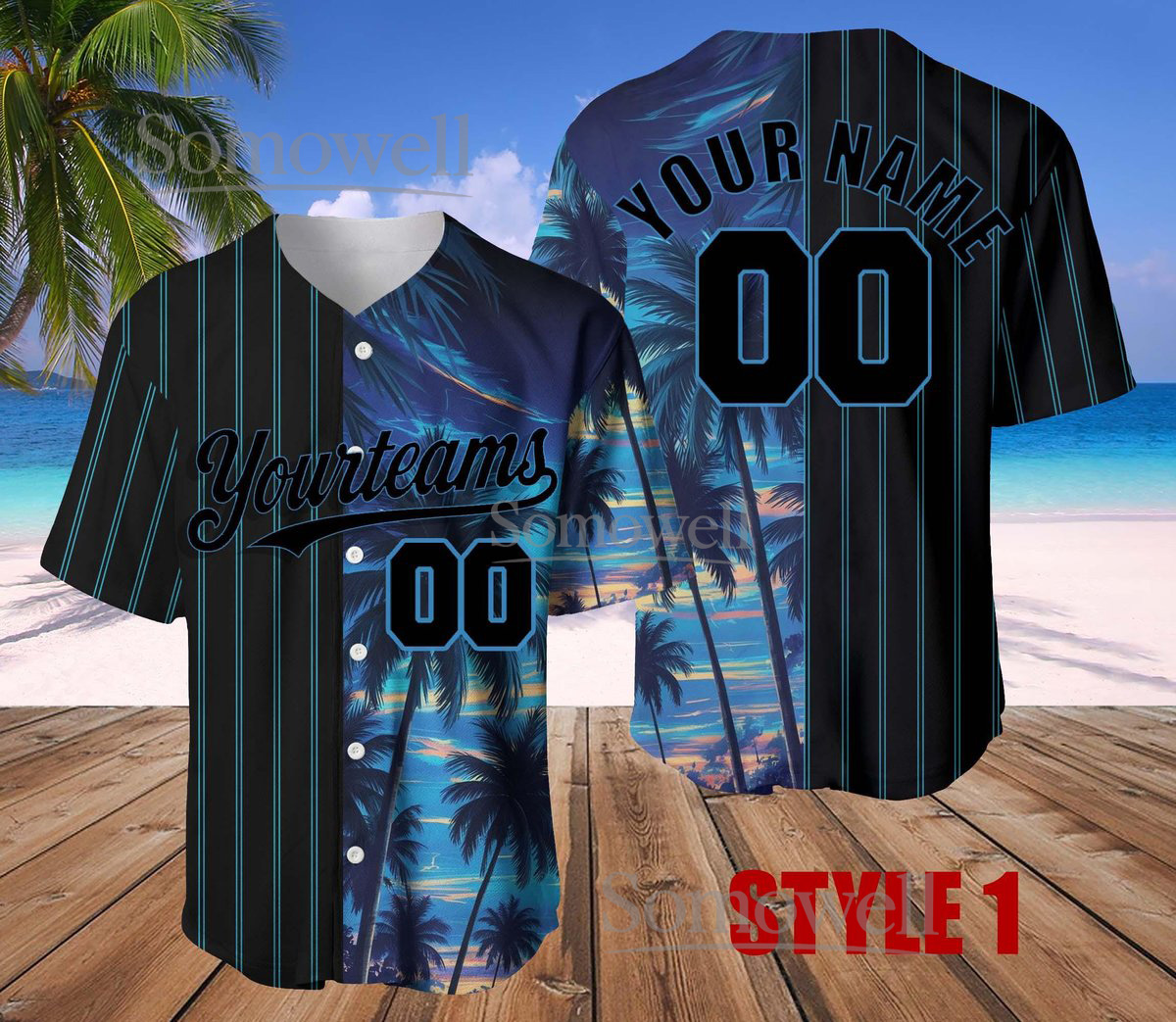 Tropical Palm Tree Hawaiian Baseball Jersey Blue Custom Team Name Number Summer Beach Shirt