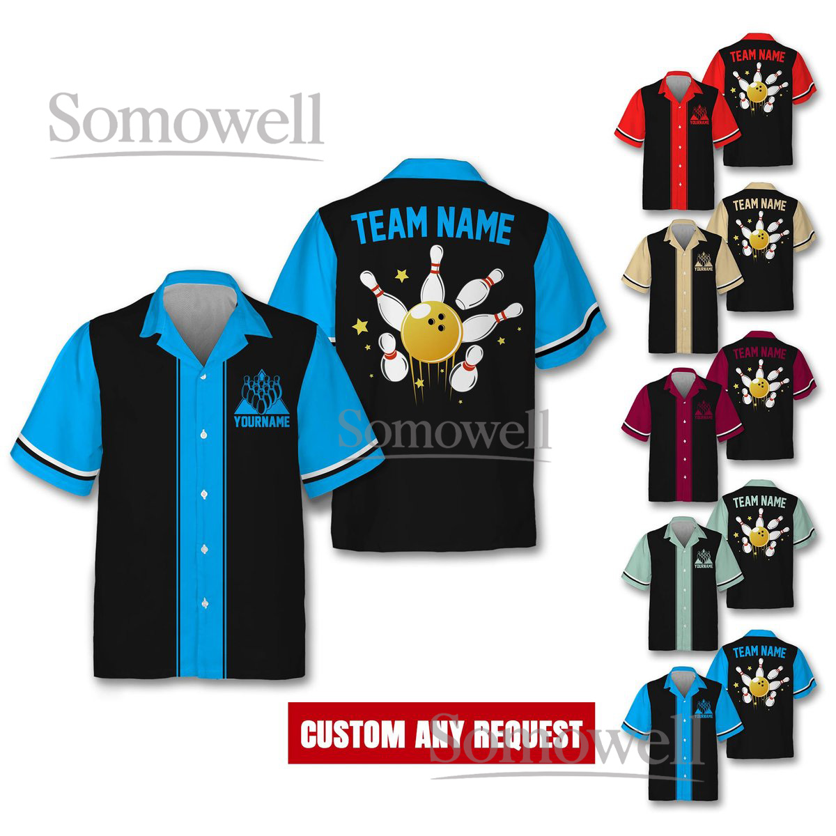 Custom Bowling Team Jersey, Personalized Name and Number, Colorful Bowling Ball and Pins Shirt for Player