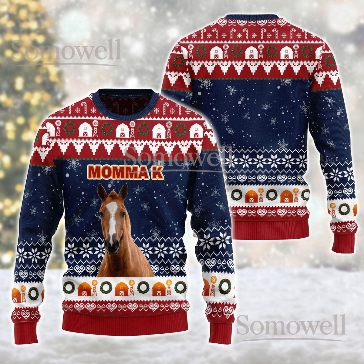 Personalized Horse Ugly Christmas Sweater Momma K Funny Farm Animal Holiday Knit Jumper