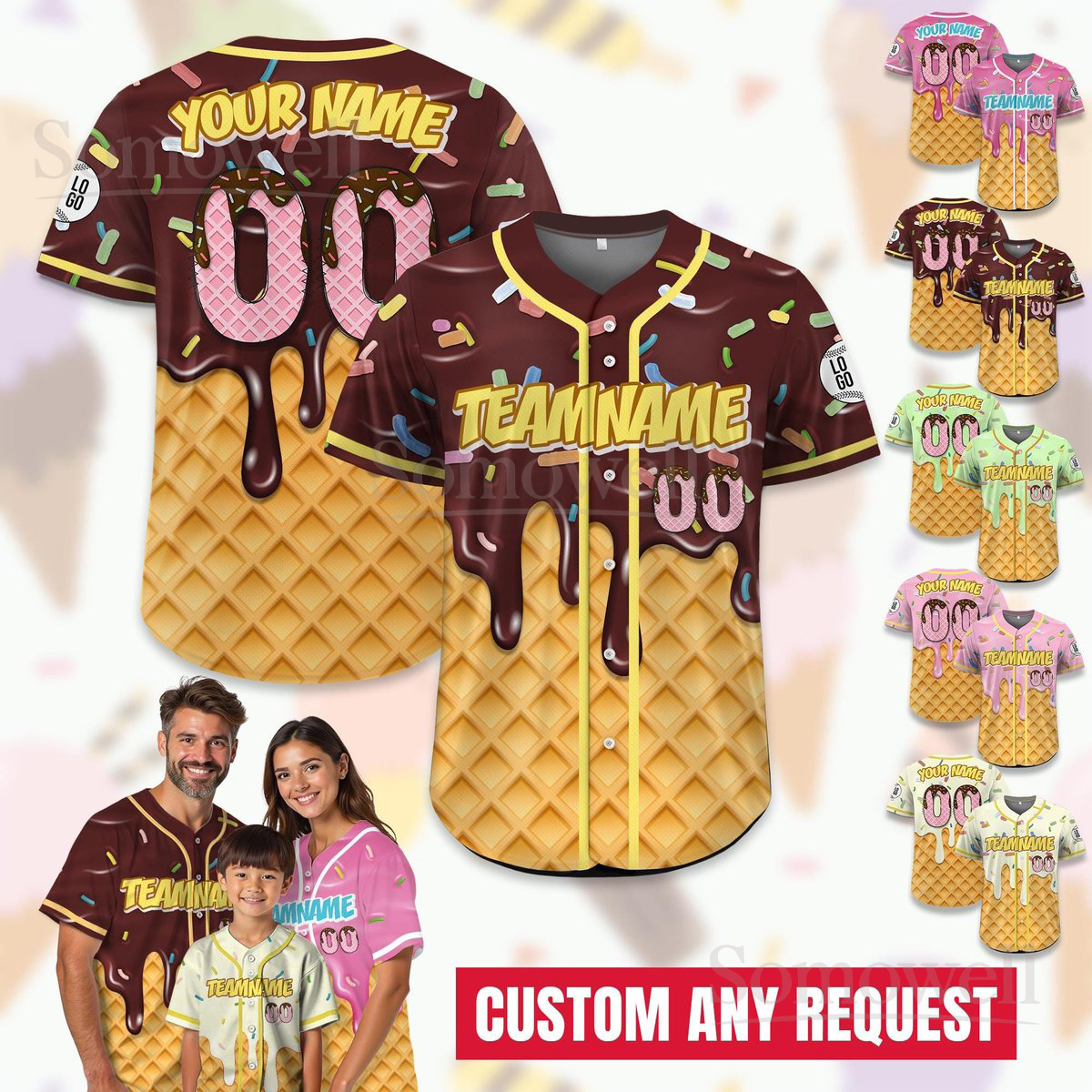 Personalized Ice Cream Drip Baseball Jersey, Customizable for Men, Women, Youth and Kids in Multiple Colors