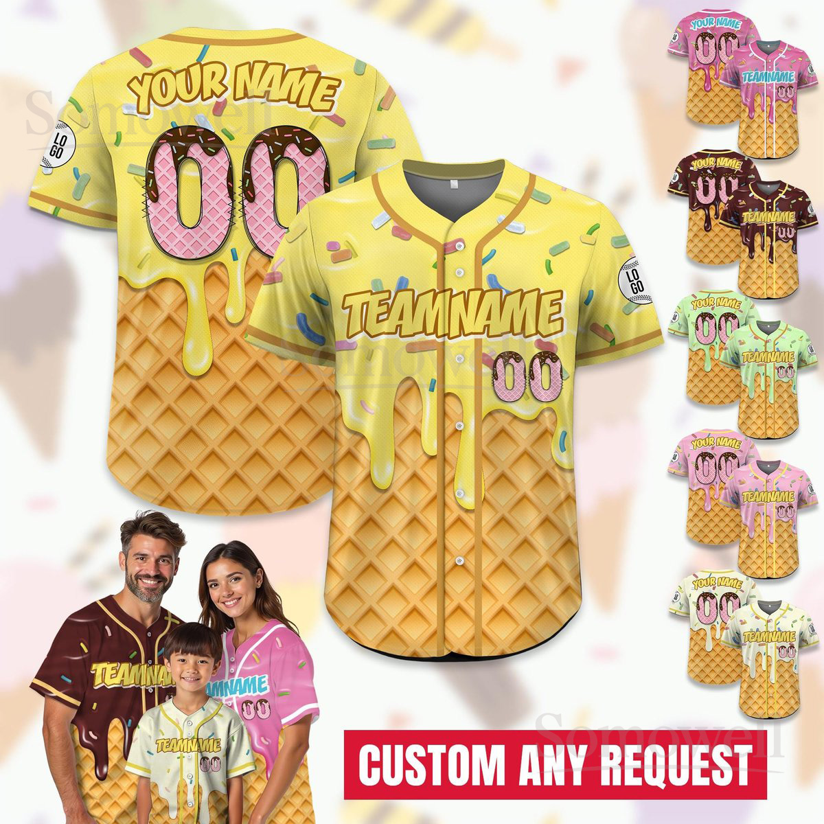 Personalized Ice Cream Drip Baseball Jersey for Men Women Youth Kid Custom Team Name Number Sweet Summer Outfit Multi Color Edition
