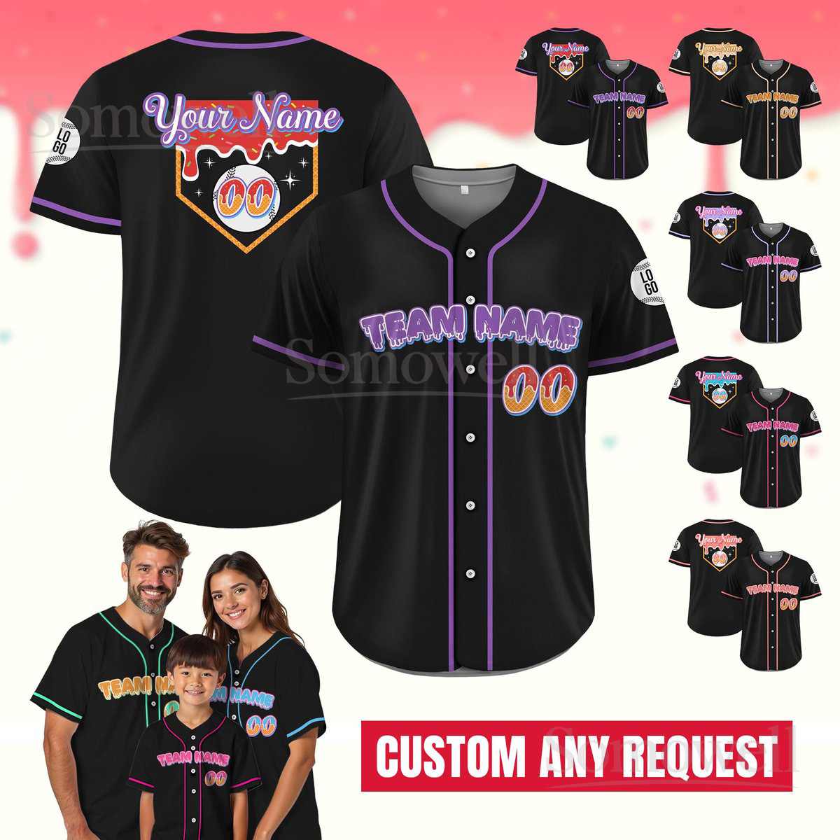 Personalized Ice Cream Drip Baseball Jersey for Men Women Youth Kid Custom Team Name Number Summer Family Matching Outfit Multi Color Edition