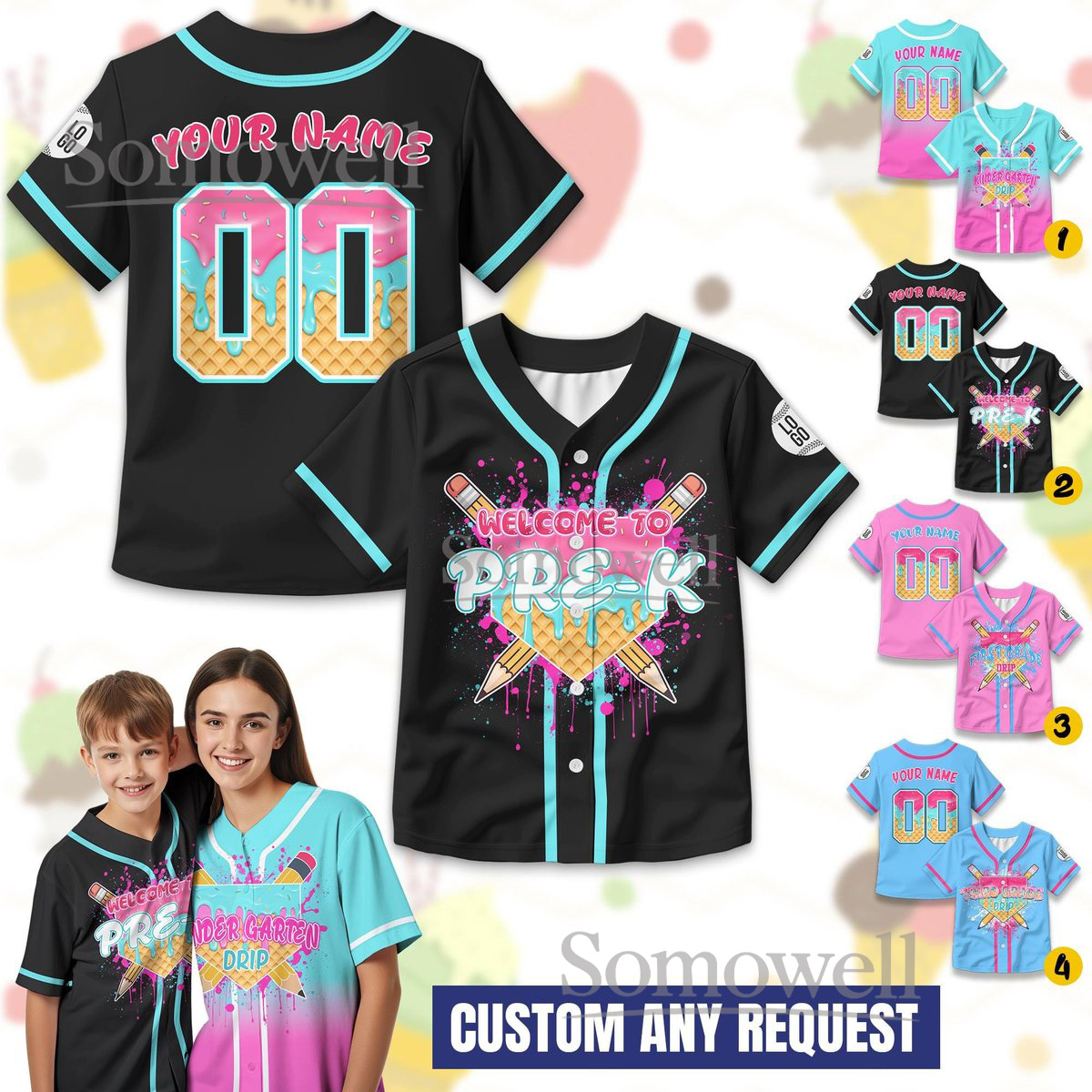 Personalized Ice Cream Drip First day of school Baseball Jersey for Kids Available in Multiple Colors