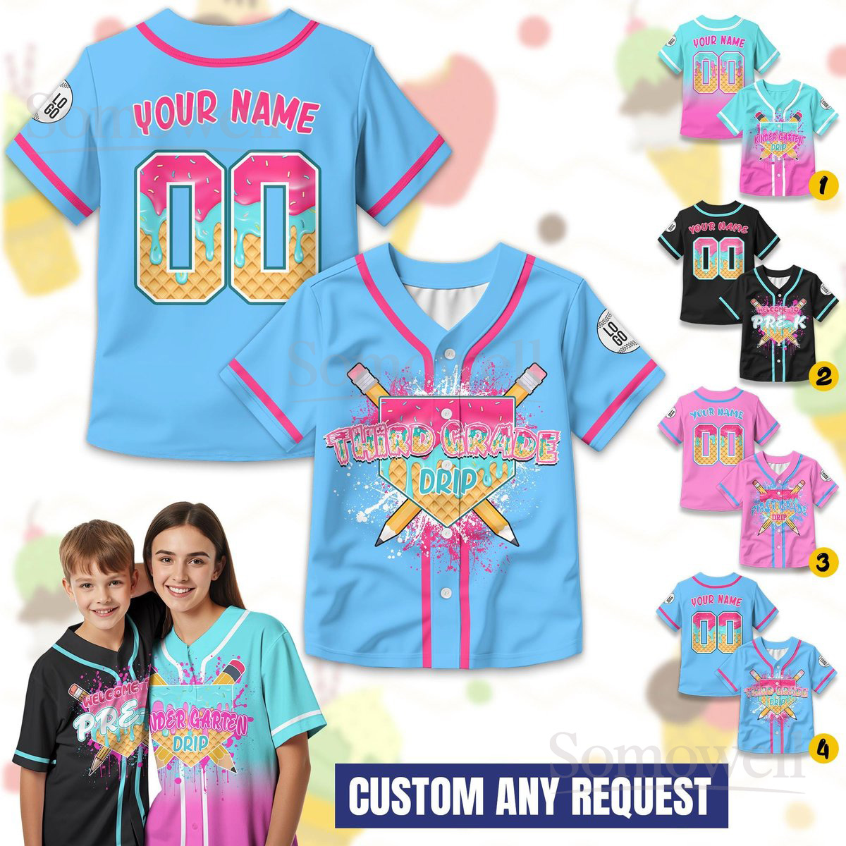 Personalized Ice Cream Drip Baseball Jersey Back to School Edition Custom Name and Grade for Kids