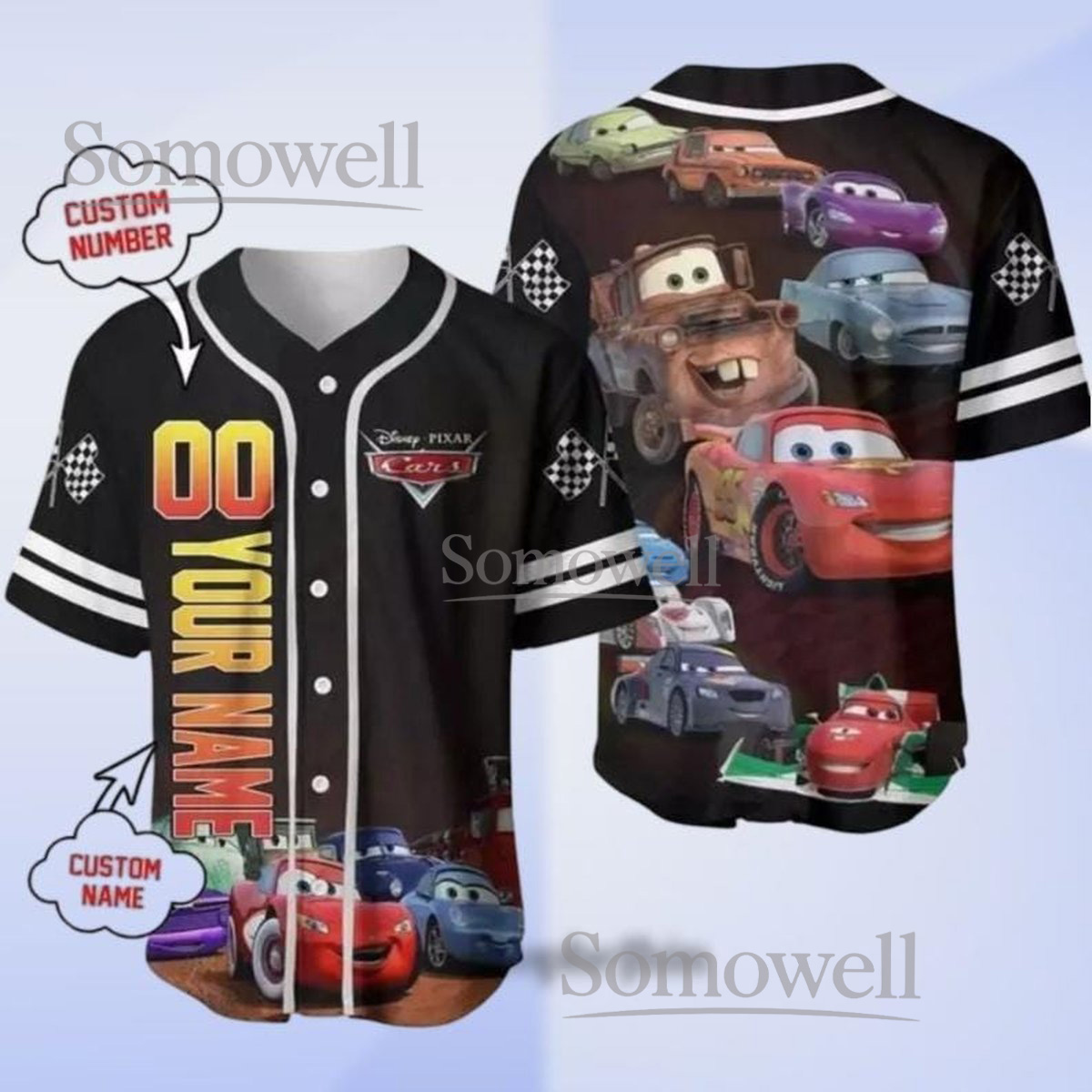 Cars Movie Baseball Jersey, Disney Pixar Lightning McQueen Design, Custom Name Number for Car Fans