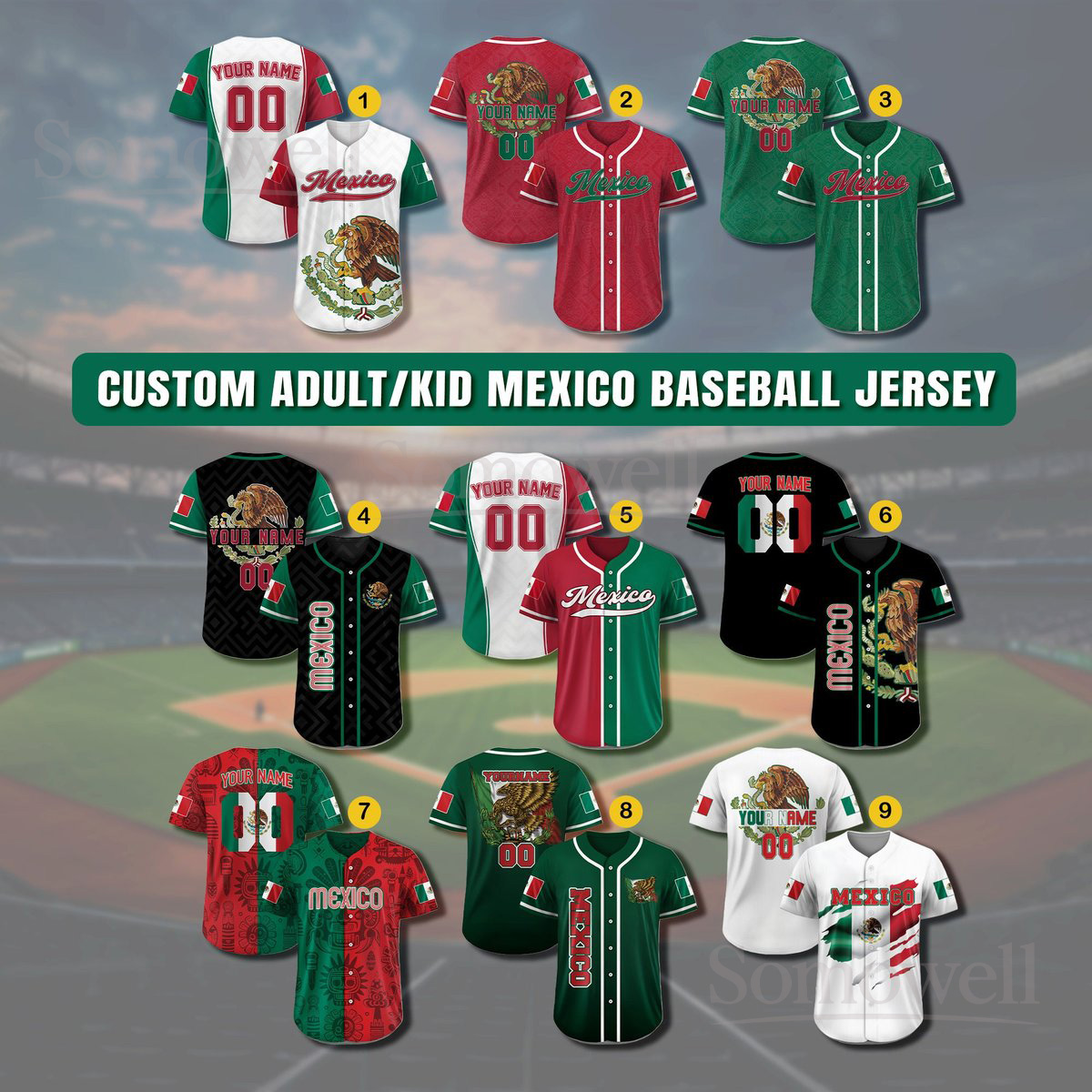 Personalized Mexico Baseball Jersey Custom Team Name and National Flag Design Multi Color Edition