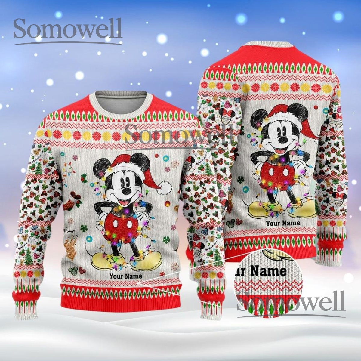 Personalized Mickey Red White Ugly Christmas Sweater Custom Name Disney Holiday Knit Jumper