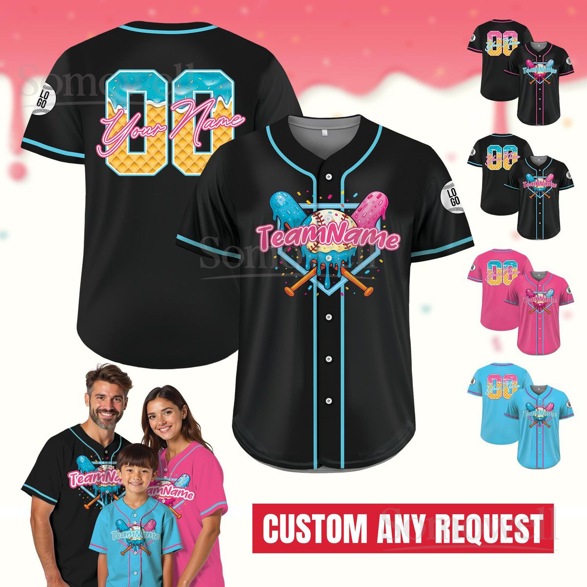 Personalized Name Ice Cream Drip Baseball Jersey for Birthday Boys and Girl Multi Color Edition