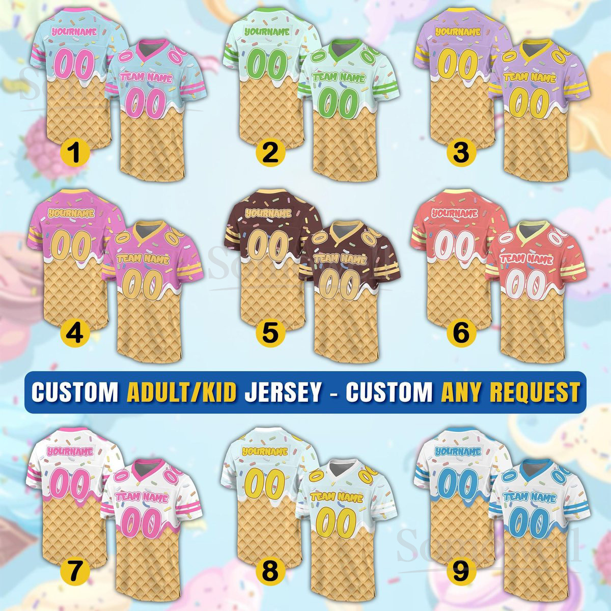 Personalized Name Ice Cream Drip Football Jersey Shirt Custom Team Name Number Sweet Style Outfit for Adult Kid Multi Color Edition