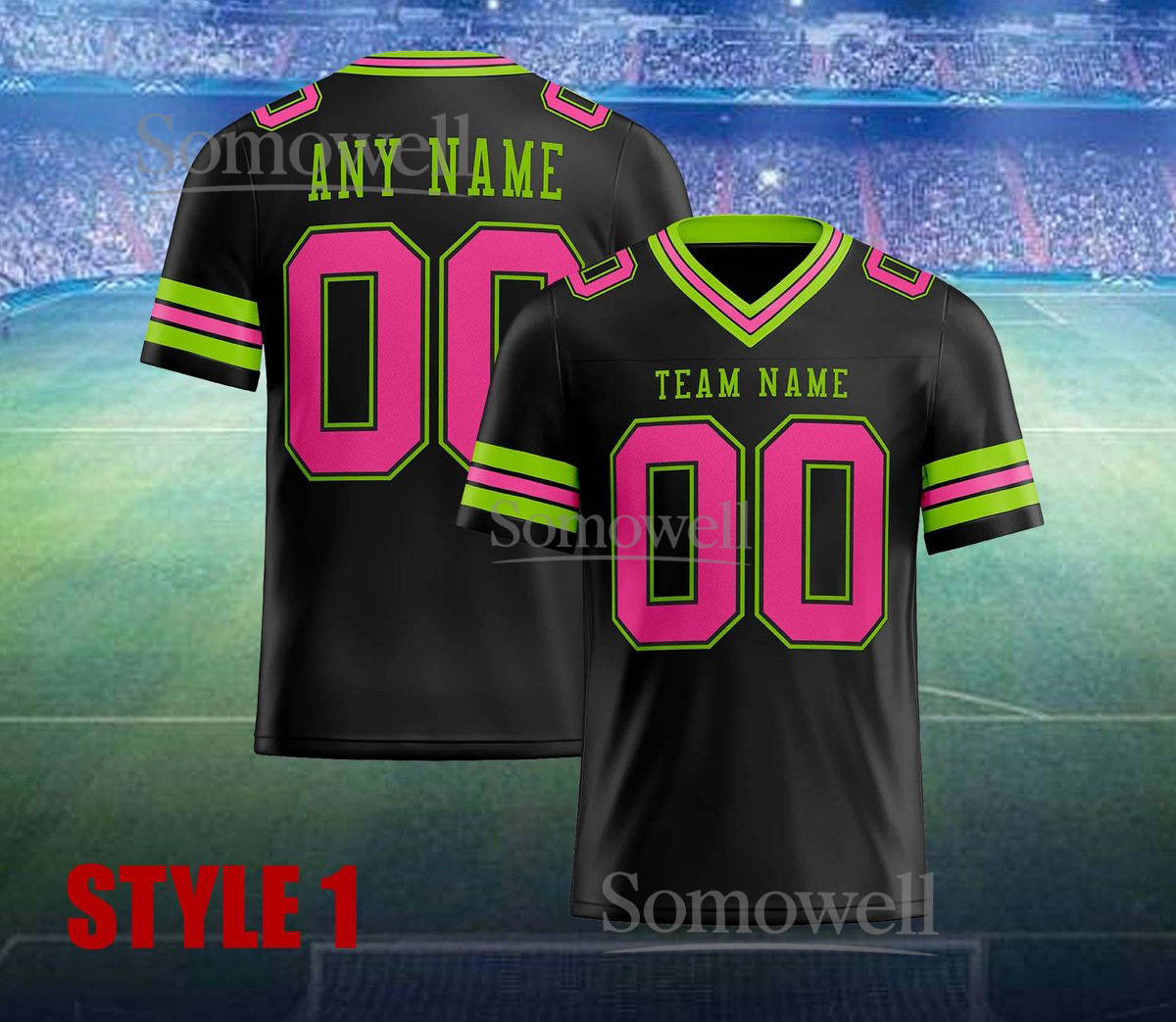 Customizable Neon Football Jersey with Team Name and Number for Adults and Kids, Personalized Design for All Sizes