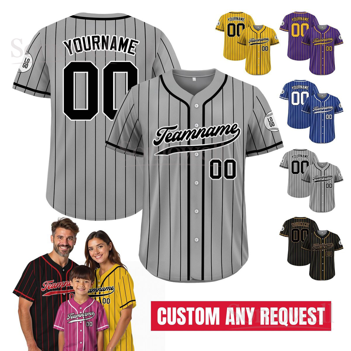Personalized Pinstripe Gray Black Button Down Jersey for Men Women and Youth Multi Color Edition