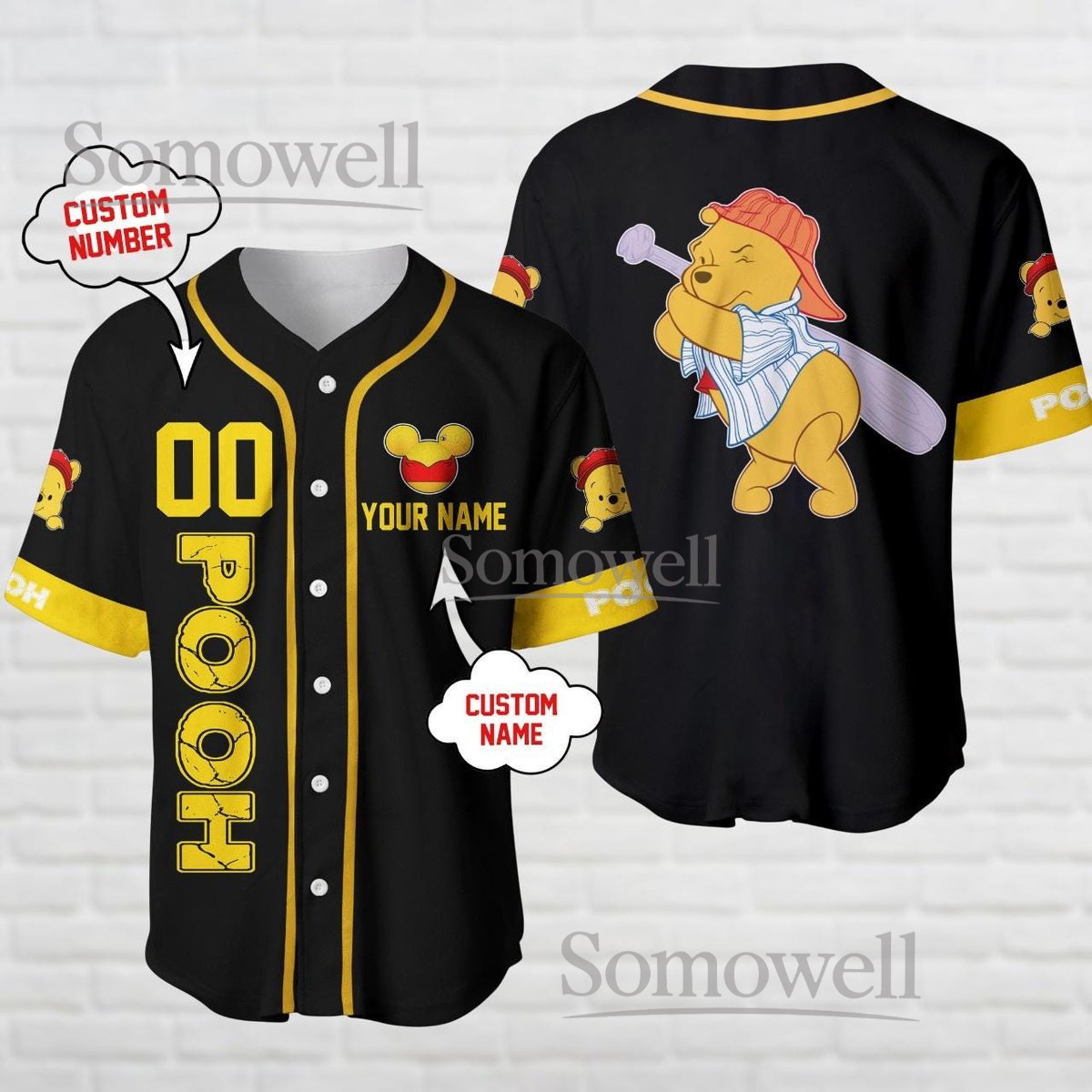 Personalized Pooh Bear Baseball Jersey Shirt Cute Bear Black Yellow Cartoon Custom Gift
