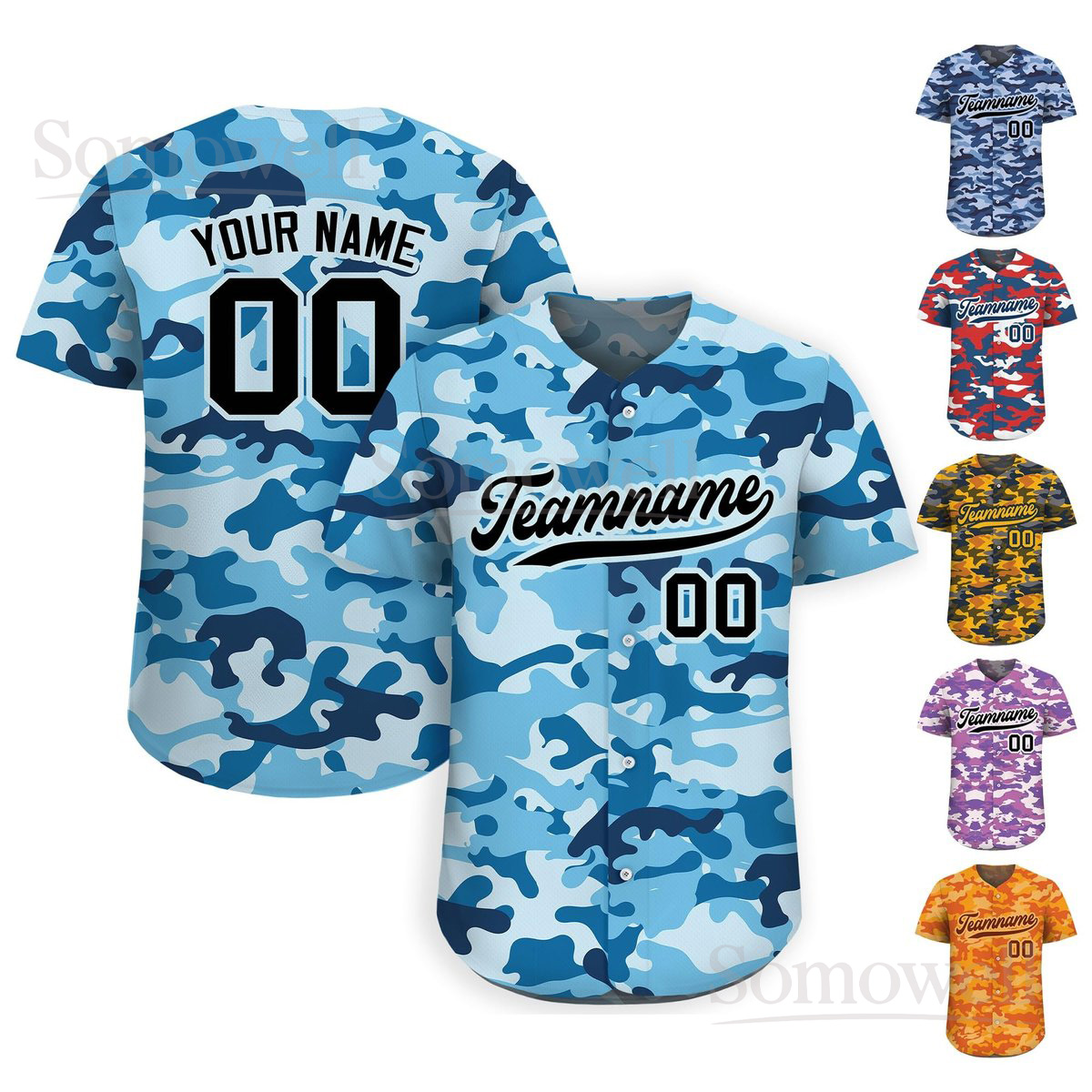 Personalized Printed Light Blue Camo Baseball Jersey with Teamname Name Number Multi Color Edition